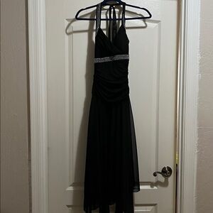 Elegant Black Halter Dress with Rhinestone Detail